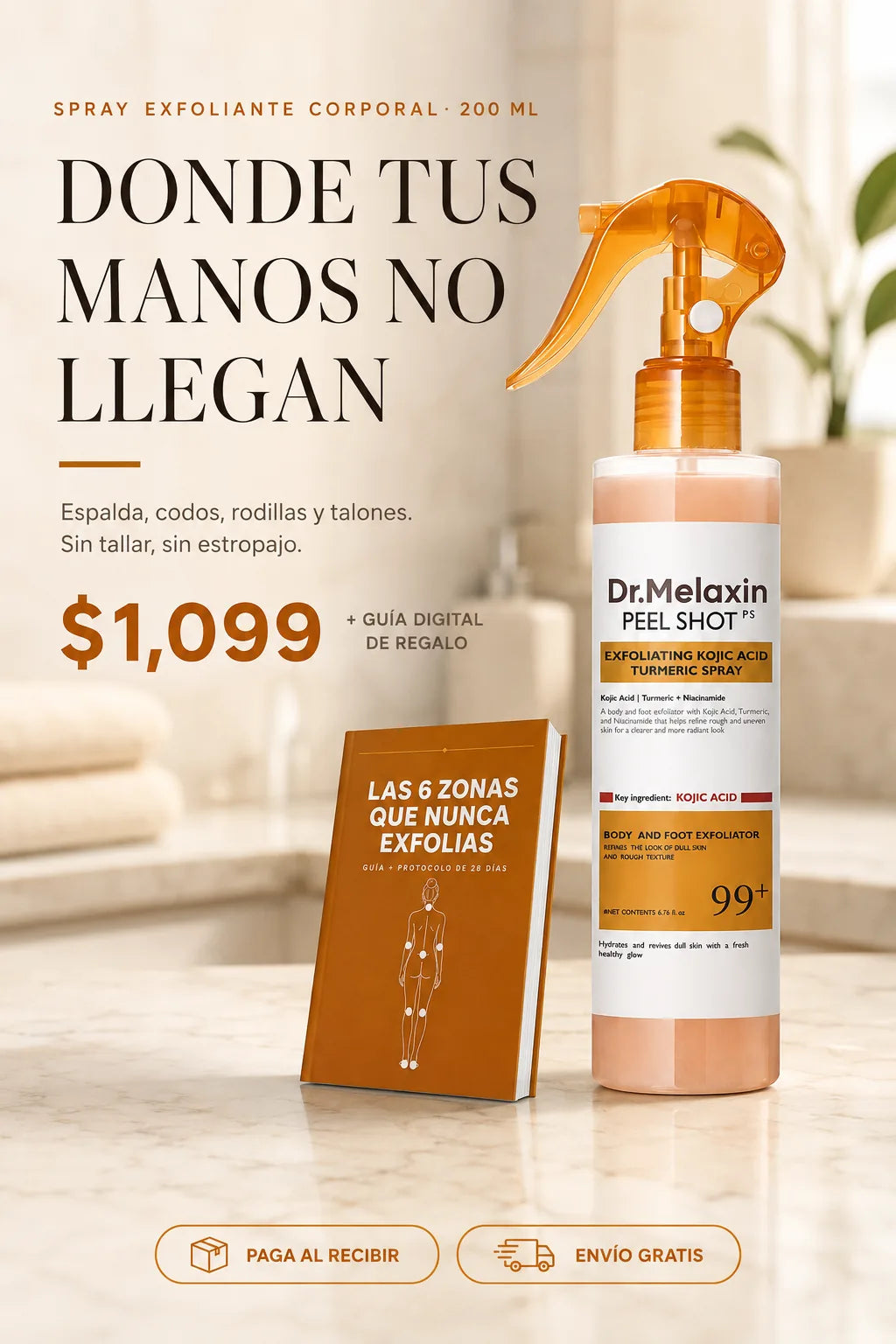 Dr.Melaxin Peel Shot — spray exfoliante corporal que llega donde tus manos no llegan, pago al recibir