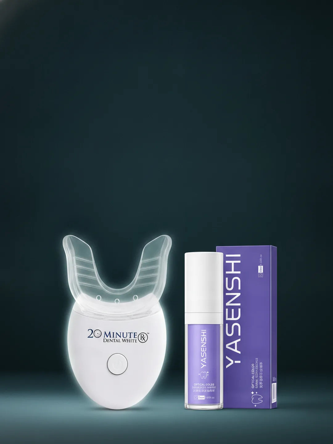 Kit de blanqueamiento dental: LED y gel morado, fondo oscuro