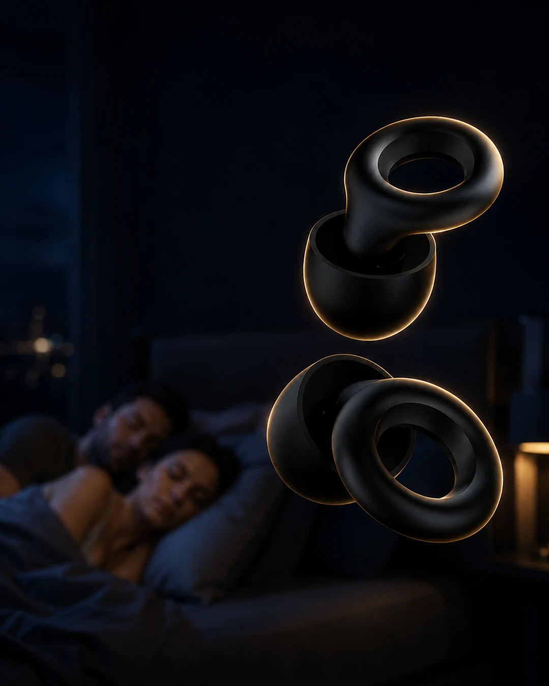 Tapones para dormir QUIES sobre un dormitorio de noche con pareja durmiendo