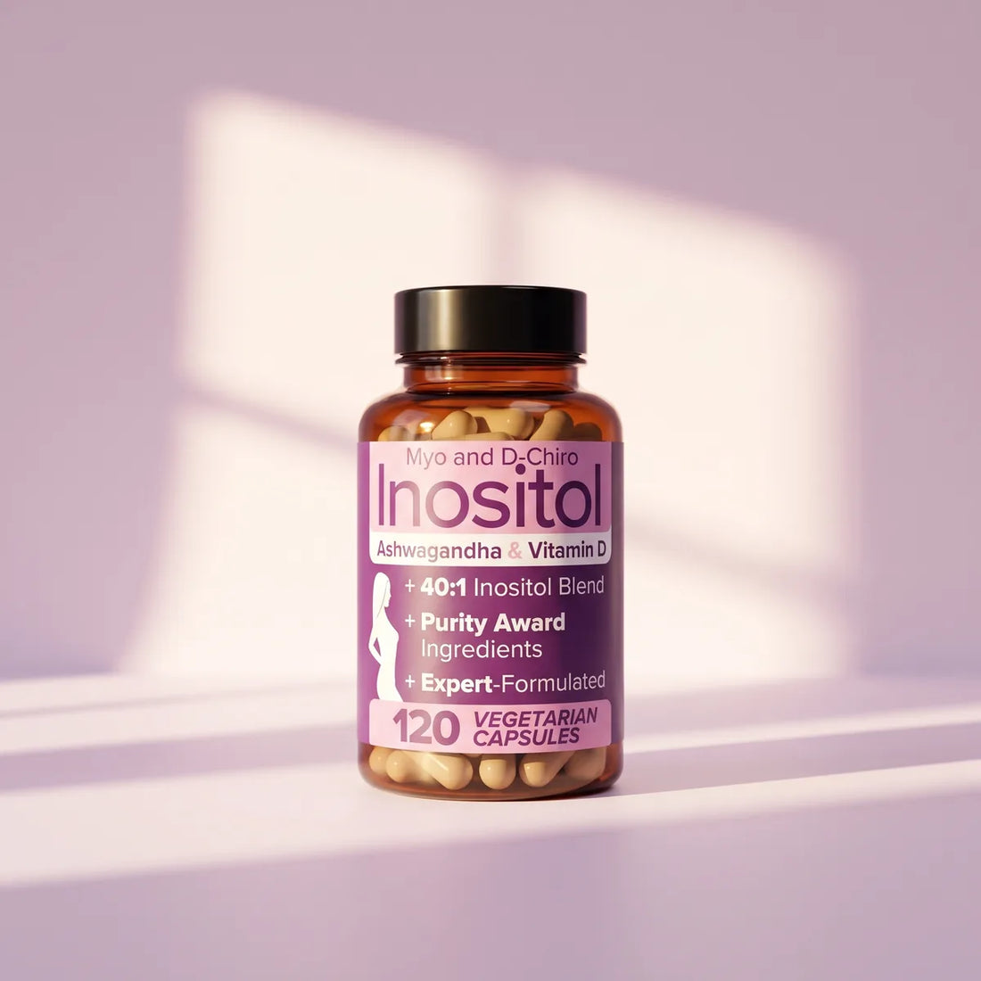 Frasco de inositol bañado por luz de sol de la mañana