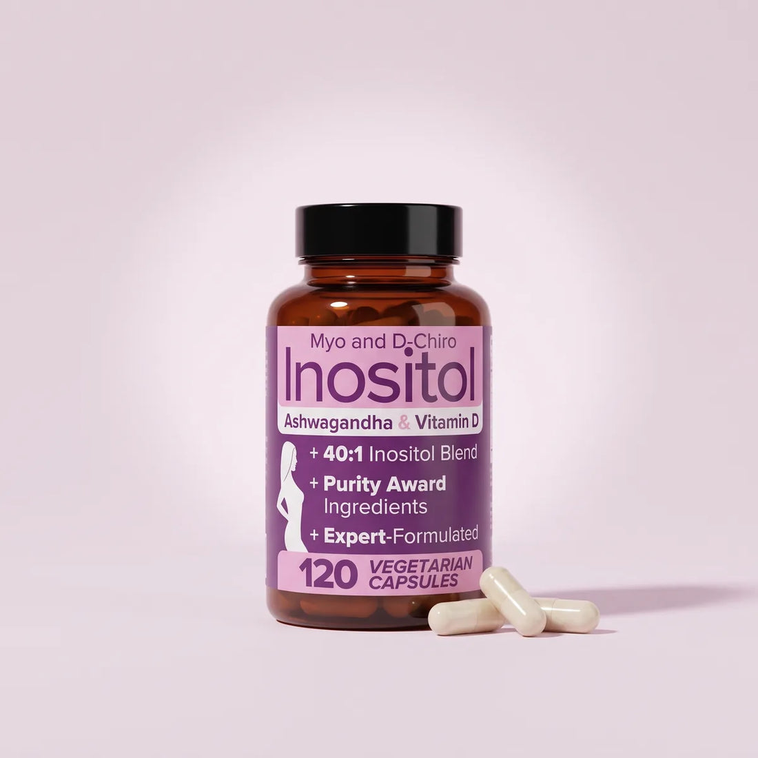 Frasco de Inositol Myo y D-Chiro 40:1 con ashwagandha y vitamina D, 120 cápsulas