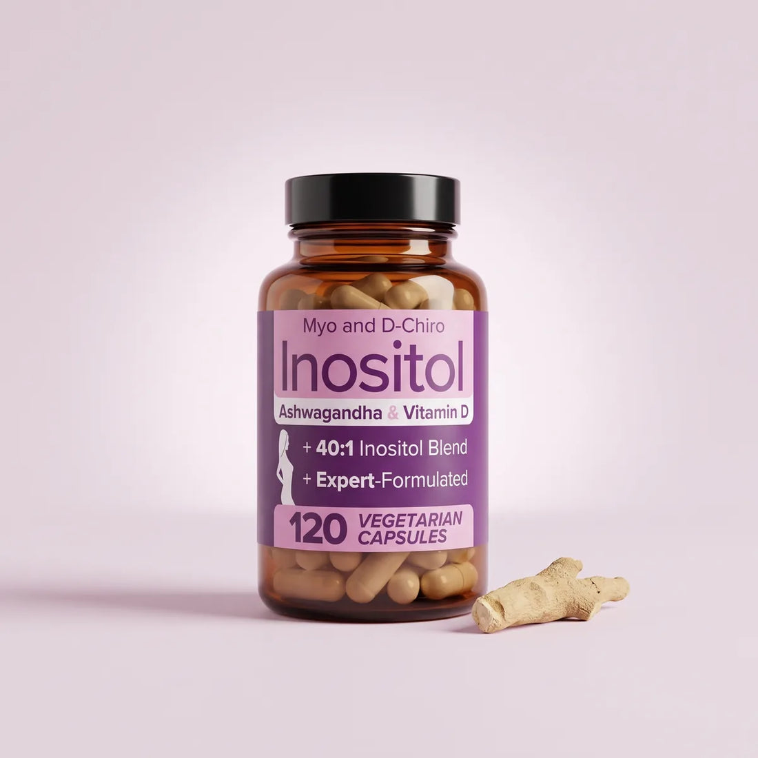 Frasco de inositol junto a raíz de ashwagandha