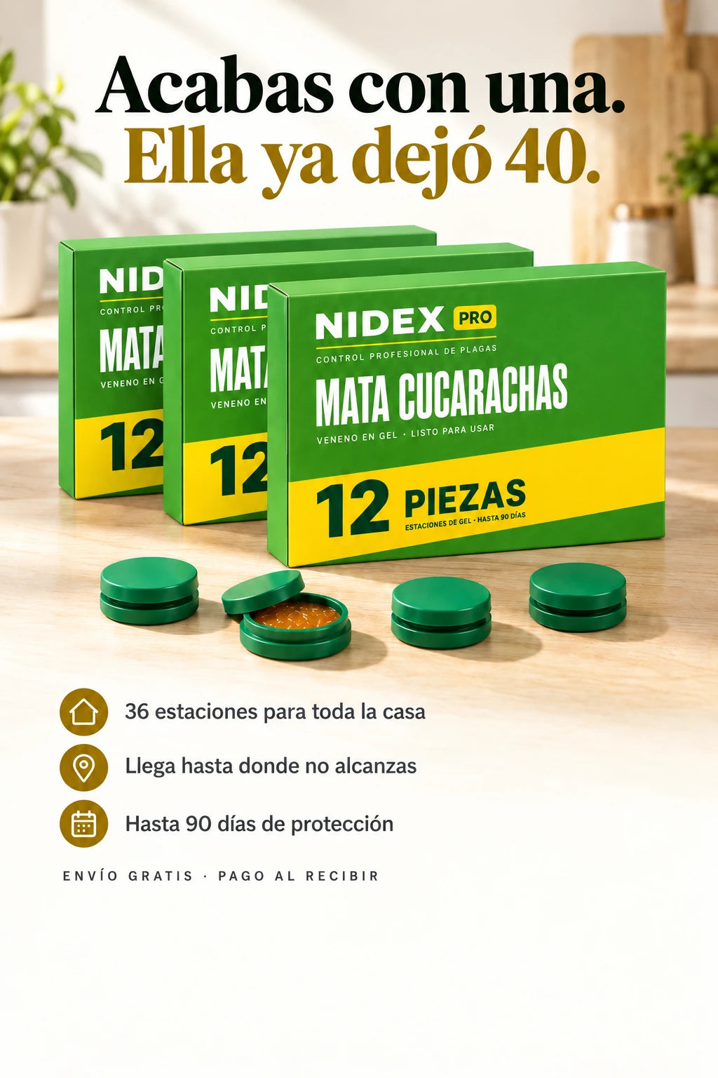 Las tres cajas del kit NIDEX PRO sobre una barra de cocina, con estaciones de gel al frente