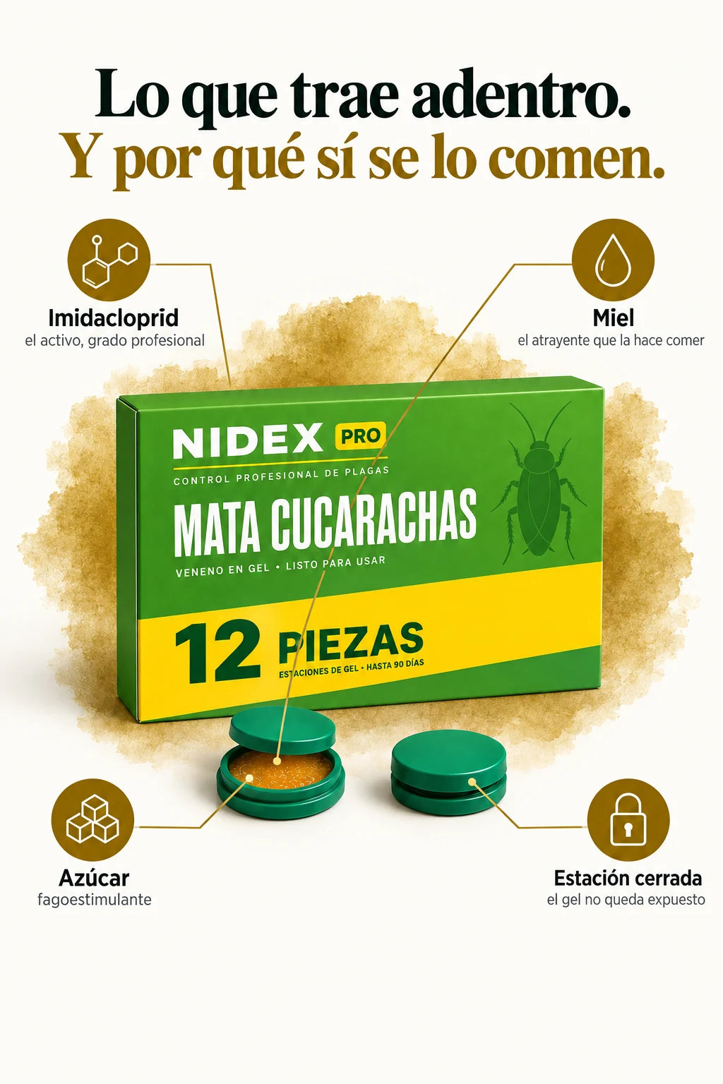 Qué trae adentro NIDEX PRO: imidacloprid, miel, azúcar y estación cerrada