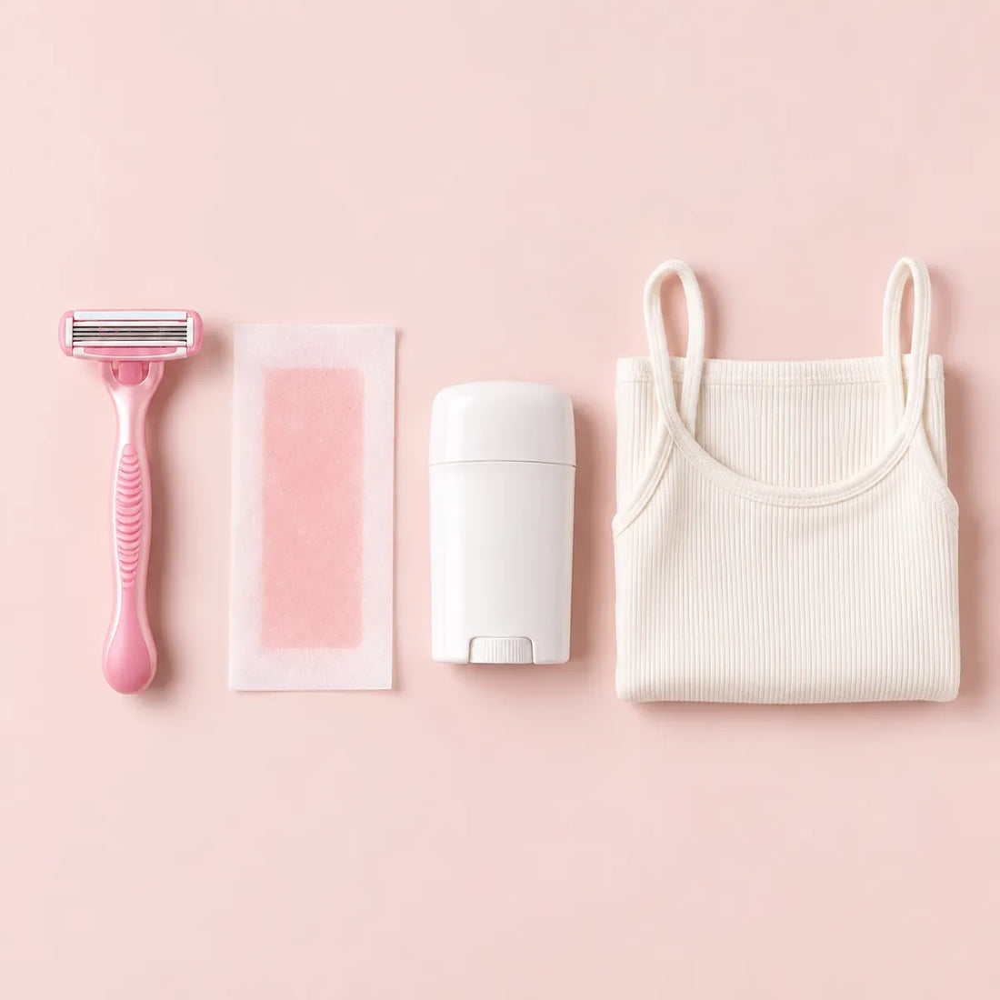 Rastrillo, tira de cera, desodorante y blusa de tirantes sobre fondo rosa claro