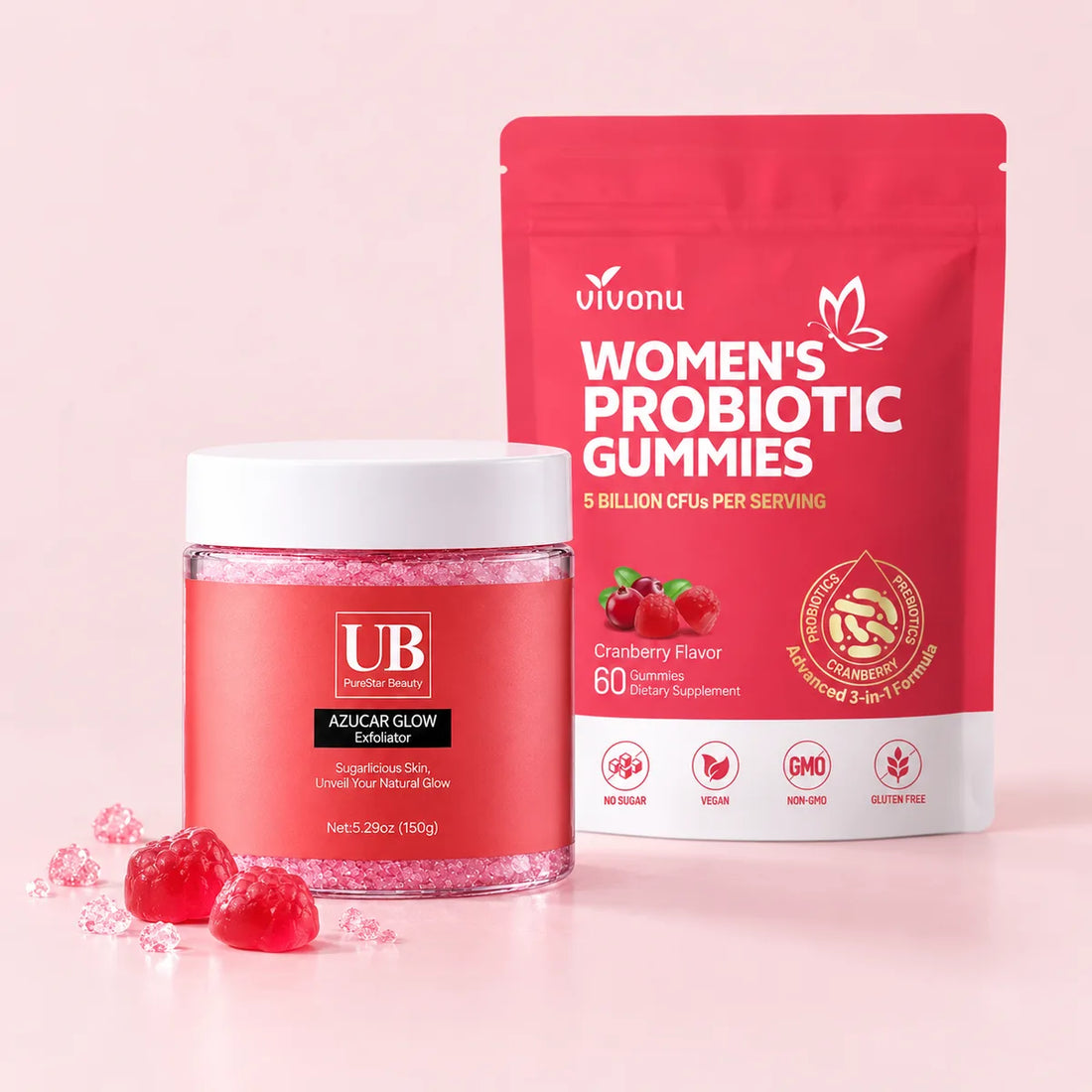 Exfoliante Azúcar Glow y gomitas probióticas Ritual Glow