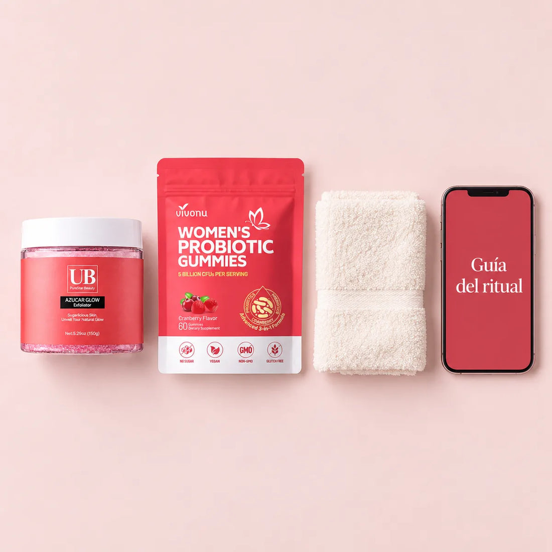 Exfoliante, gomitas, toalla y guía del ritual en el celular