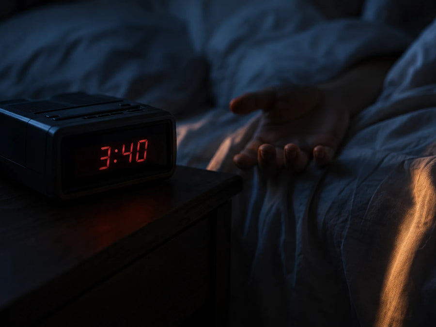 Radio despertador marcando las 3:40 en una recámara a oscuras