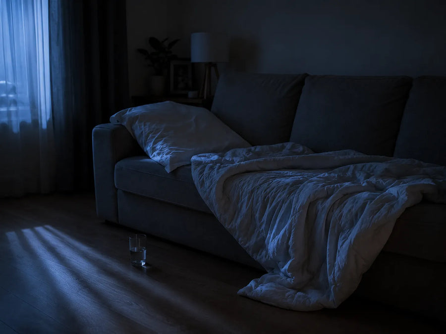 Sillón de sala con una almohada de cama y un edredón doblado encima