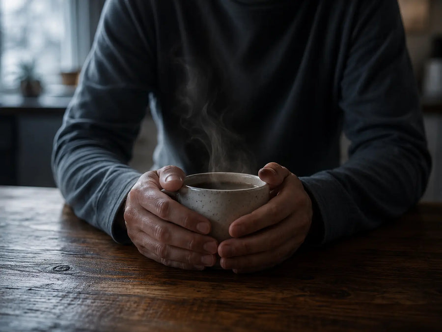 Manos rodeando una taza de café sobre la mesa de la cocina, con luz de mañana fría