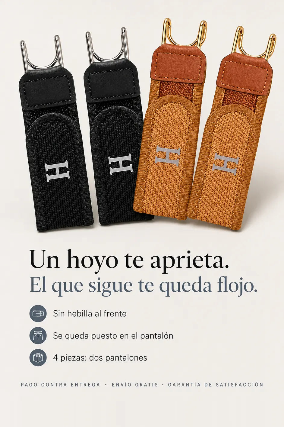 Las cuatro piezas de HILVÁN sobre fondo hueso: dos negras con herraje plateado y dos camel con herraje dorado