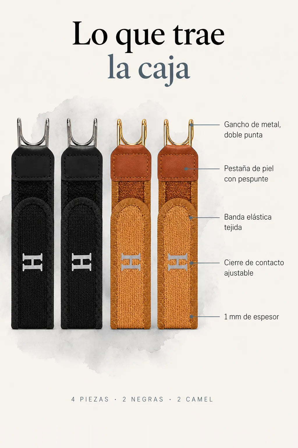 Lo que trae la caja: gancho de metal, pestaña de piel, banda elástica y cierre ajustable