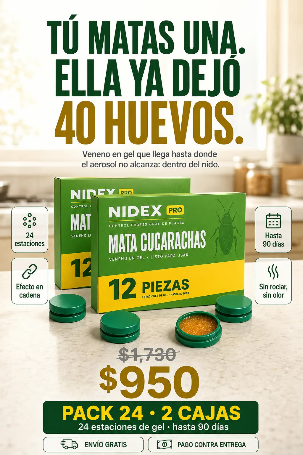 NIDEX PRO - veneno en gel mata cucarachas, pack 24 estaciones, pago al recibir