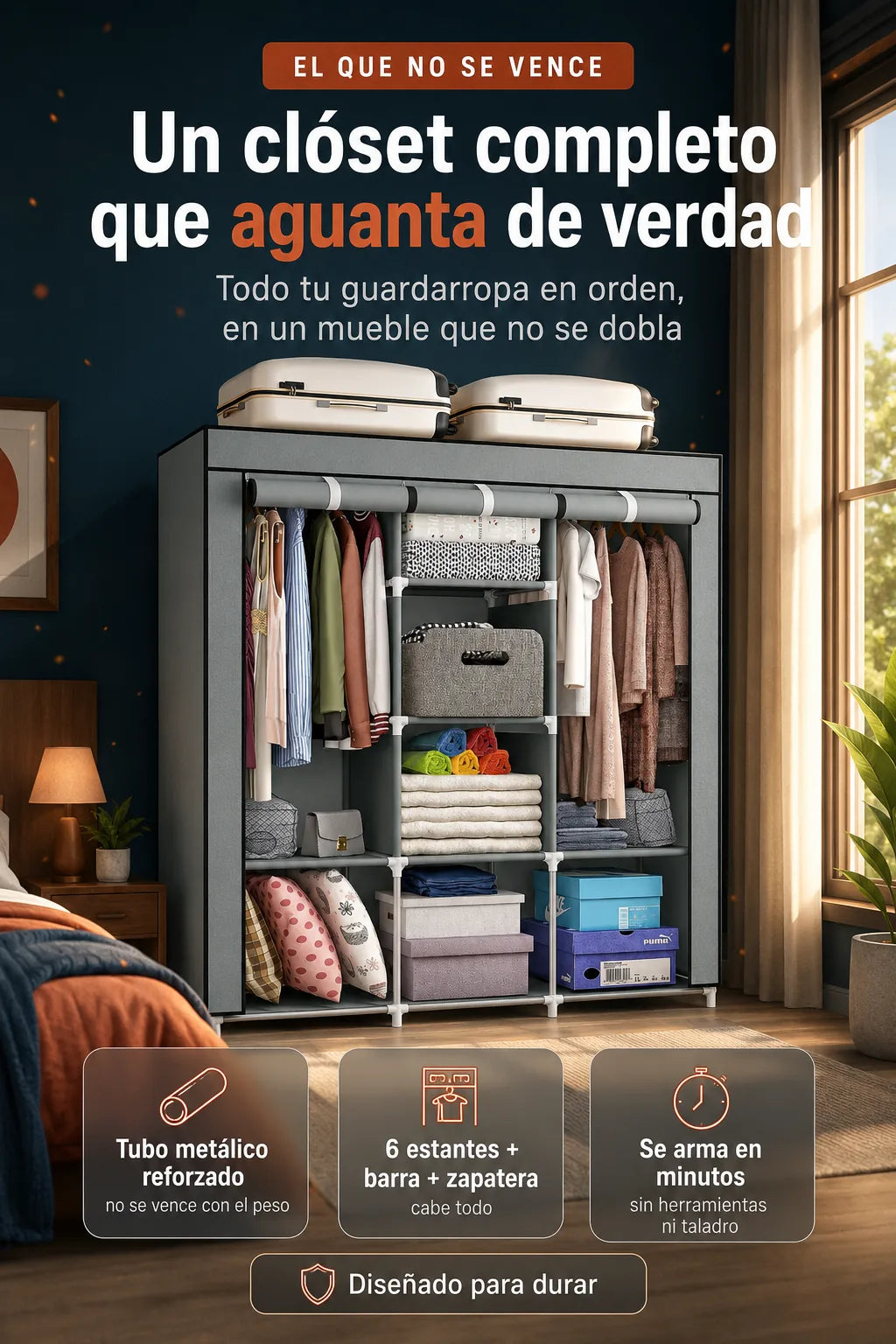 Clóset organizador plegable con estructura metálica que aguanta todo tu guardarropa