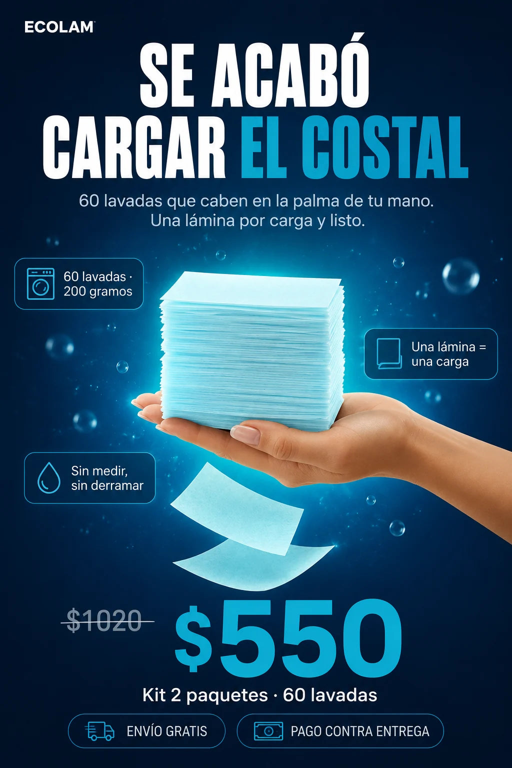ECOLAM laminas de detergente - 60 lavadas que caben en la palma de tu mano