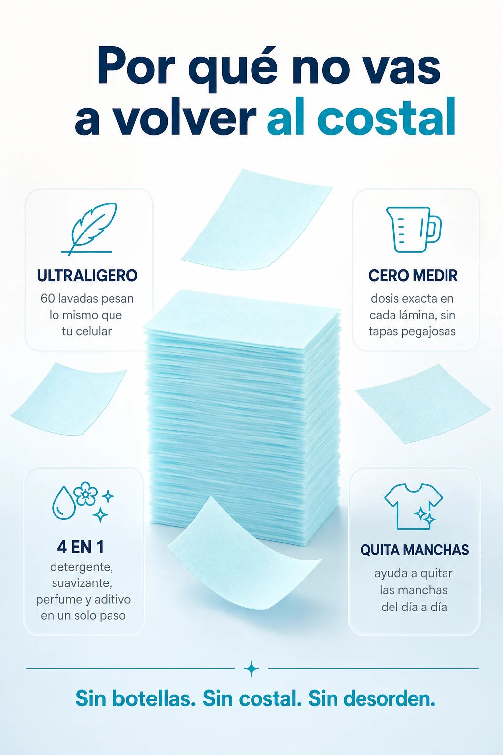 Beneficios ECOLAM: ultraligero, cero medir, 4 en 1, quita manchas