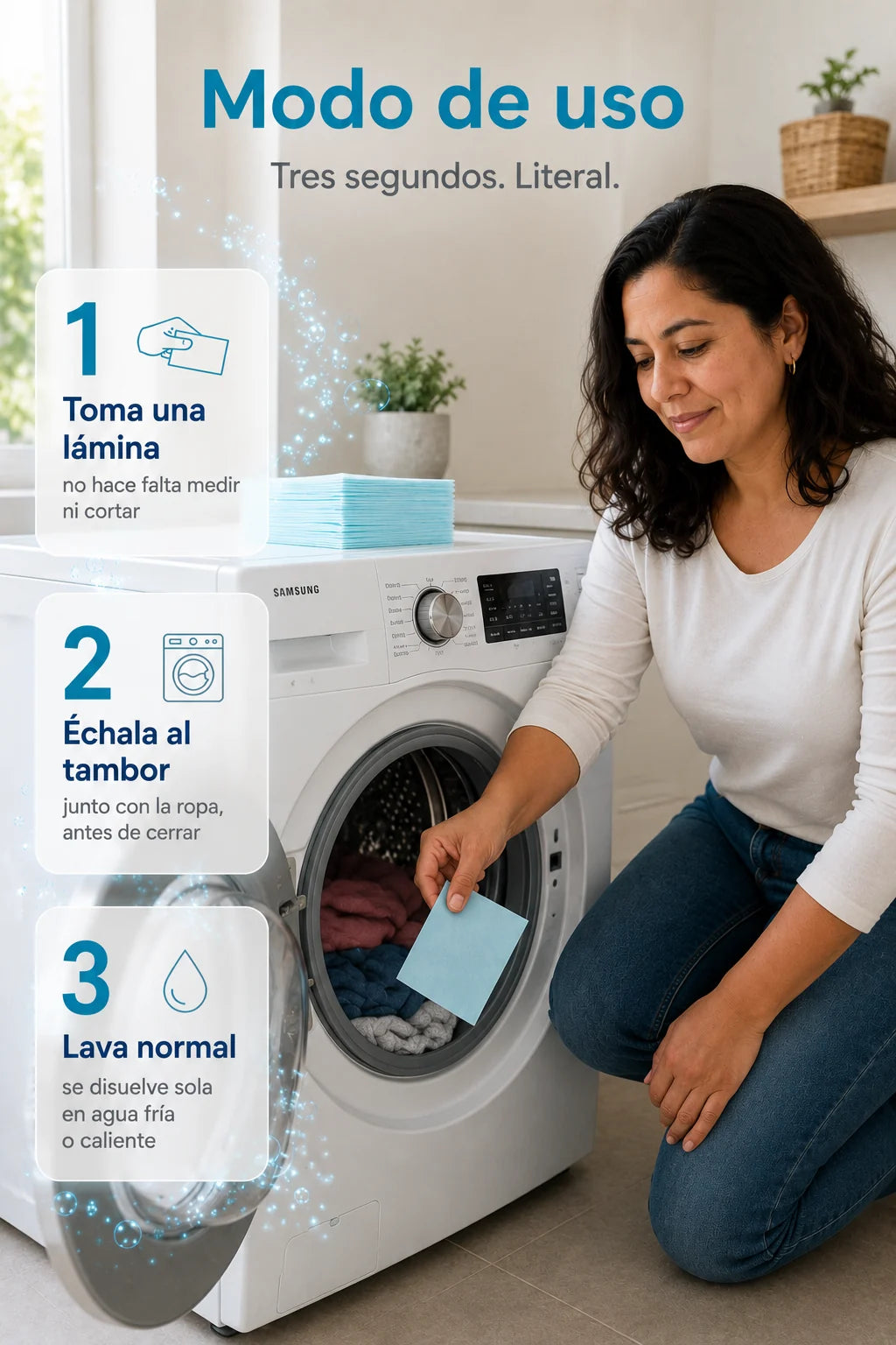 Modo de uso ECOLAM: toma una lamina, echala al tambor, lava normal