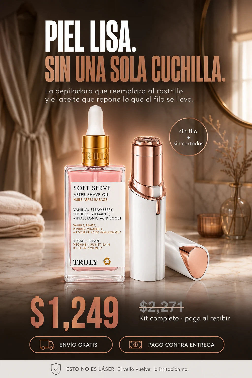 Kit bikini: aceite TRULY Soft Serve y depiladora incluida