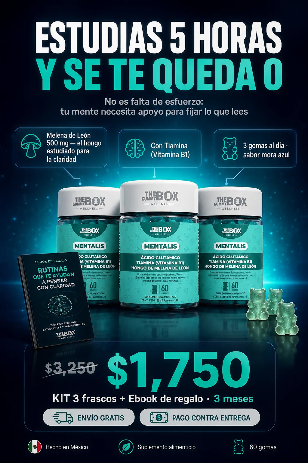 Estudias 5 horas y no se te queda: MENTALIS apoya tu memoria para estudiar - kit de 3 frascos, pago contra entrega