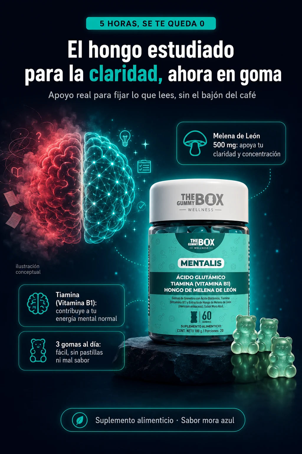MENTALIS: gomas con Melena de Leon 500 mg y Vitamina B1 (sabor mora azul)
