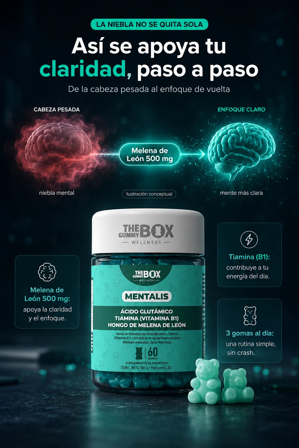 MENTALIS: gomas con Melena de Leon 500 mg y Vitamina B1 (sabor mora azul)