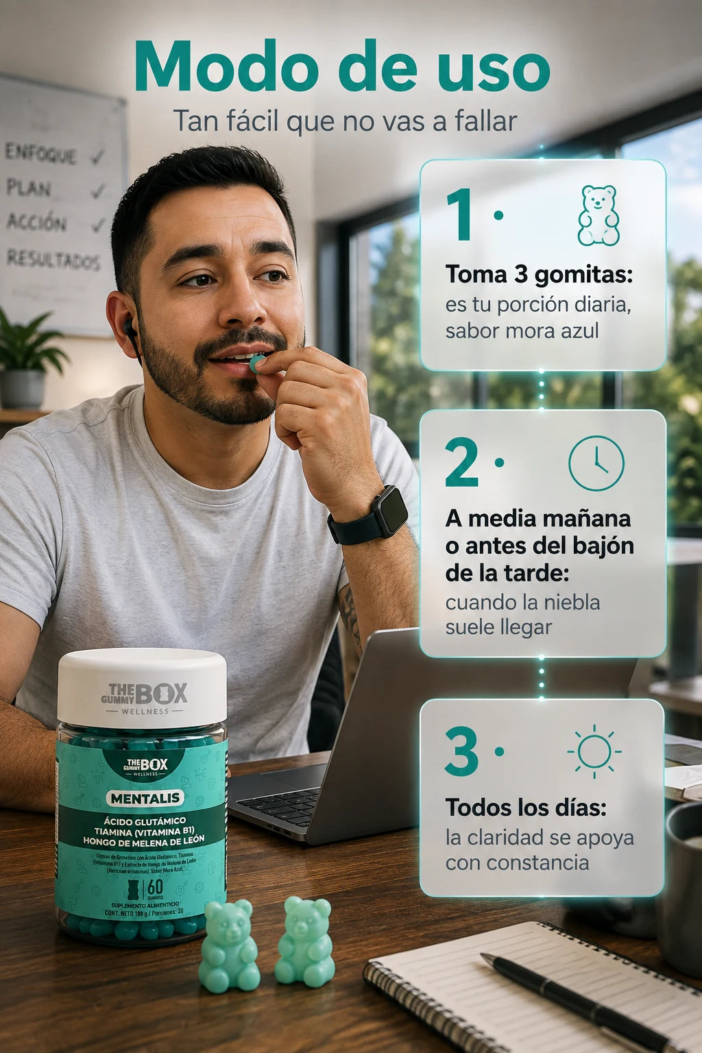 Modo de uso: 3 gomas al dia, sabor mora azul