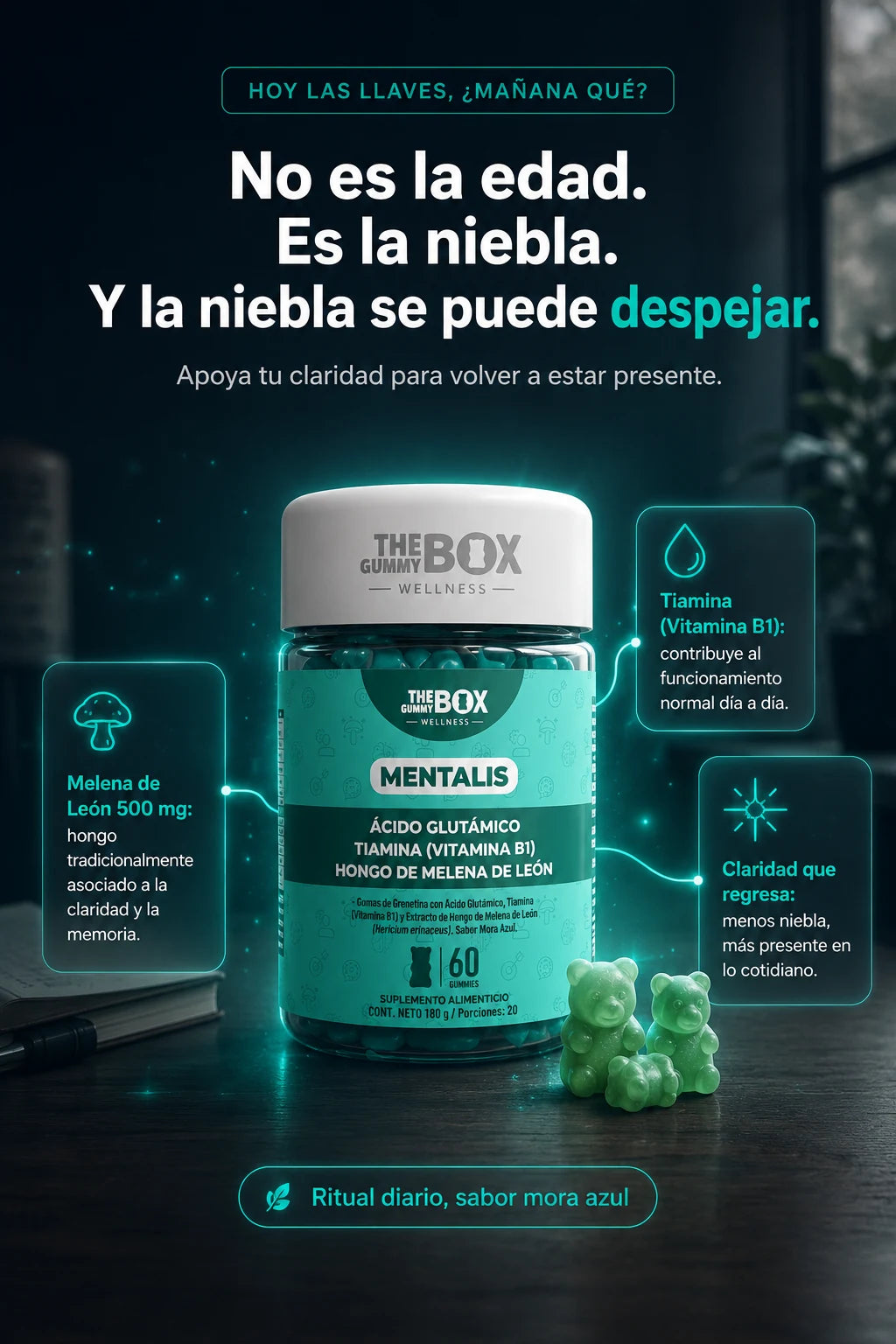MENTALIS: gomas con Melena de Leon 500 mg y Vitamina B1 (sabor mora azul)