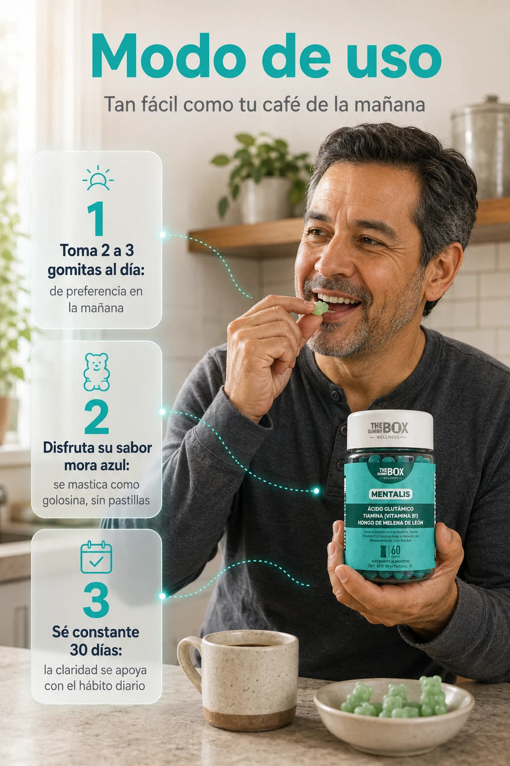 Modo de uso: 3 gomas al dia, sabor mora azul