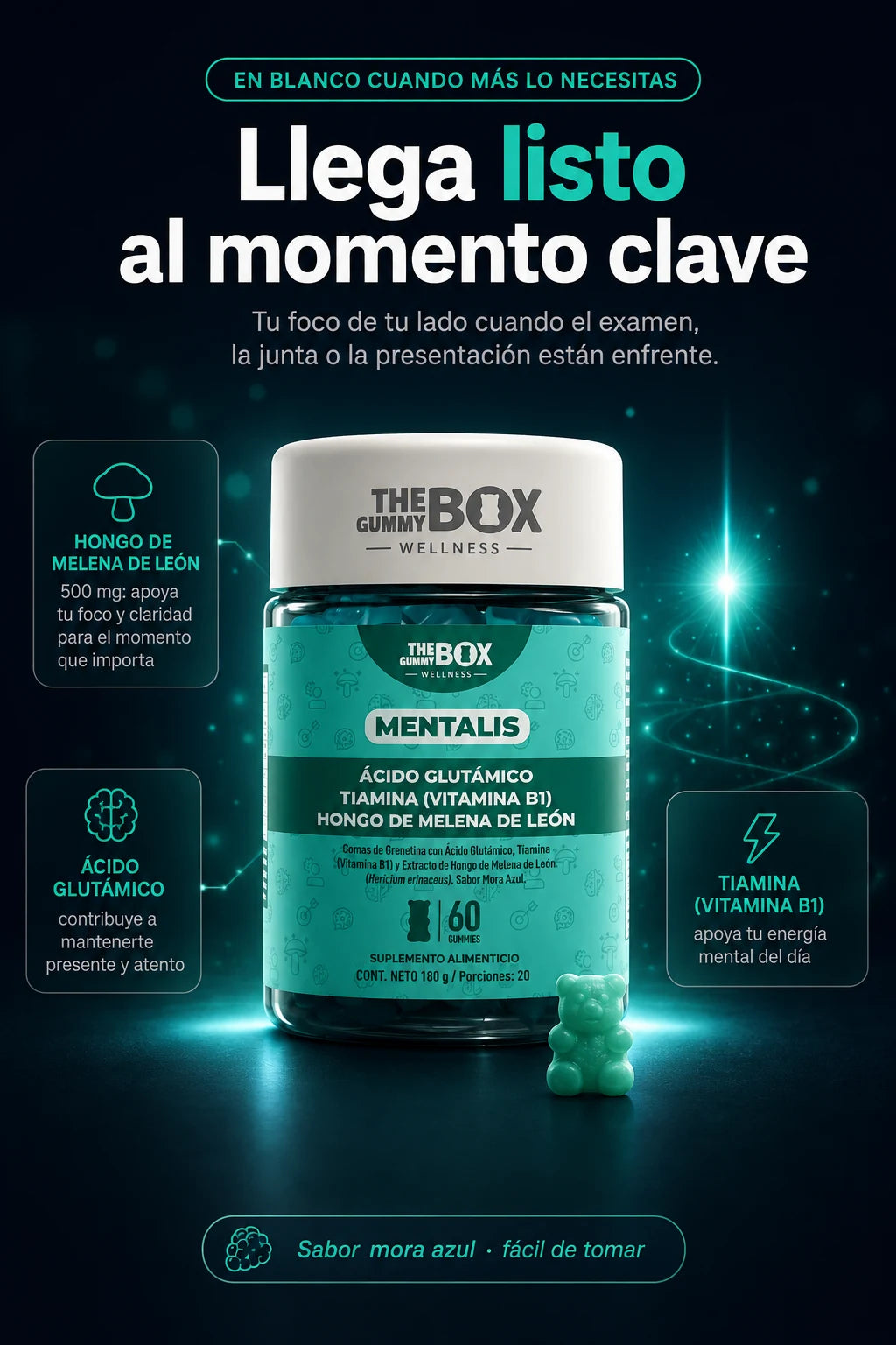 MENTALIS: gomas con Melena de Leon 500 mg y Vitamina B1 (sabor mora azul)