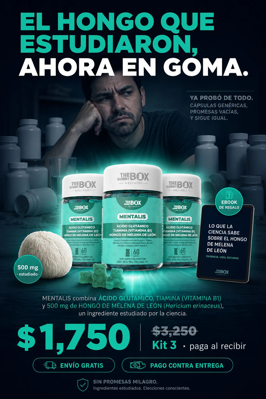 Melena de Leon 500 mg en goma: el hongo estudiado para la claridad mental - kit de 3 frascos, pago contra entrega