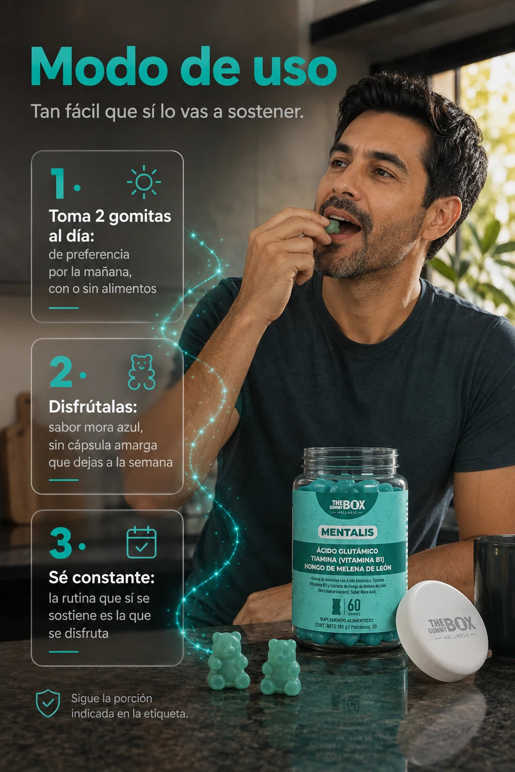 Modo de uso: 3 gomas al dia, sabor mora azul