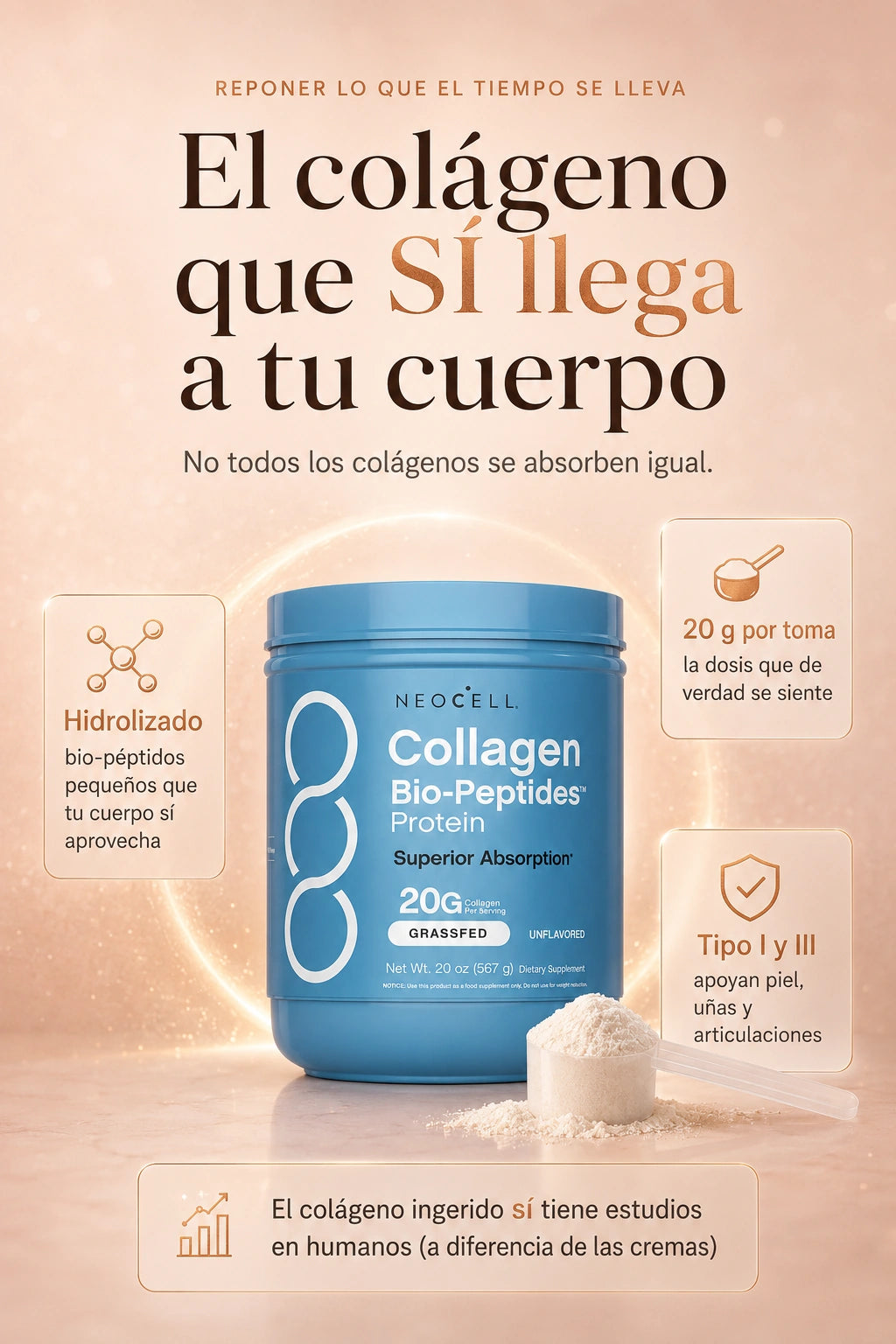 Colágeno hidrolizado que sí se absorbe, 20g por toma