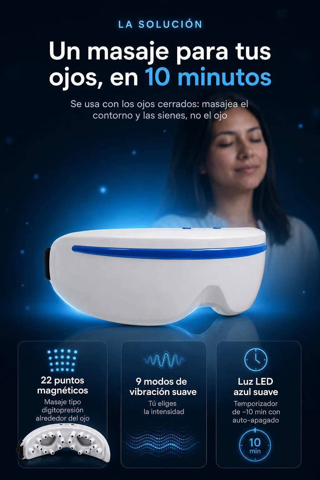 OCULIA: 22 puntos de masaje magnetico y luz LED azul en 10 minutos