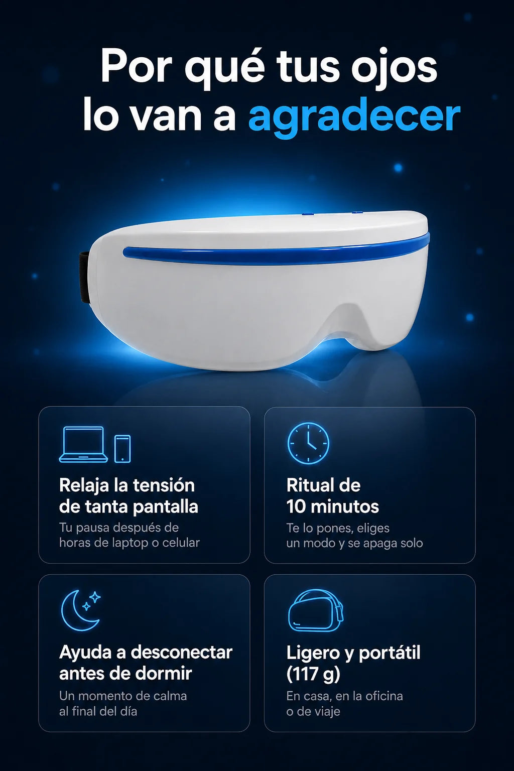 Beneficios OCULIA: relaja la tension, ritual de 10 minutos, portatil 117 g