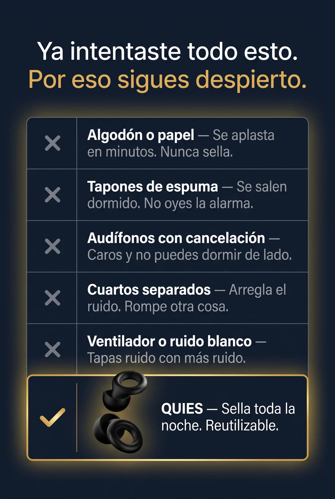 Algodon, espuma, audifonos y cuartos separados vs tapones QUIES