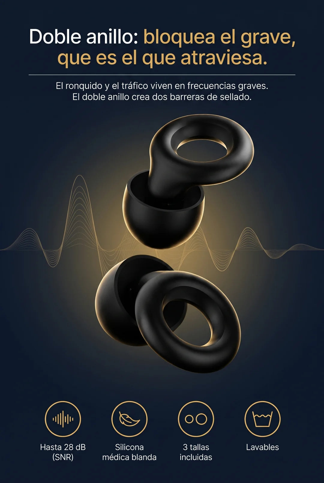 Diseno de doble anillo que reduce hasta 28 dB - silicona blanda 3 tallas