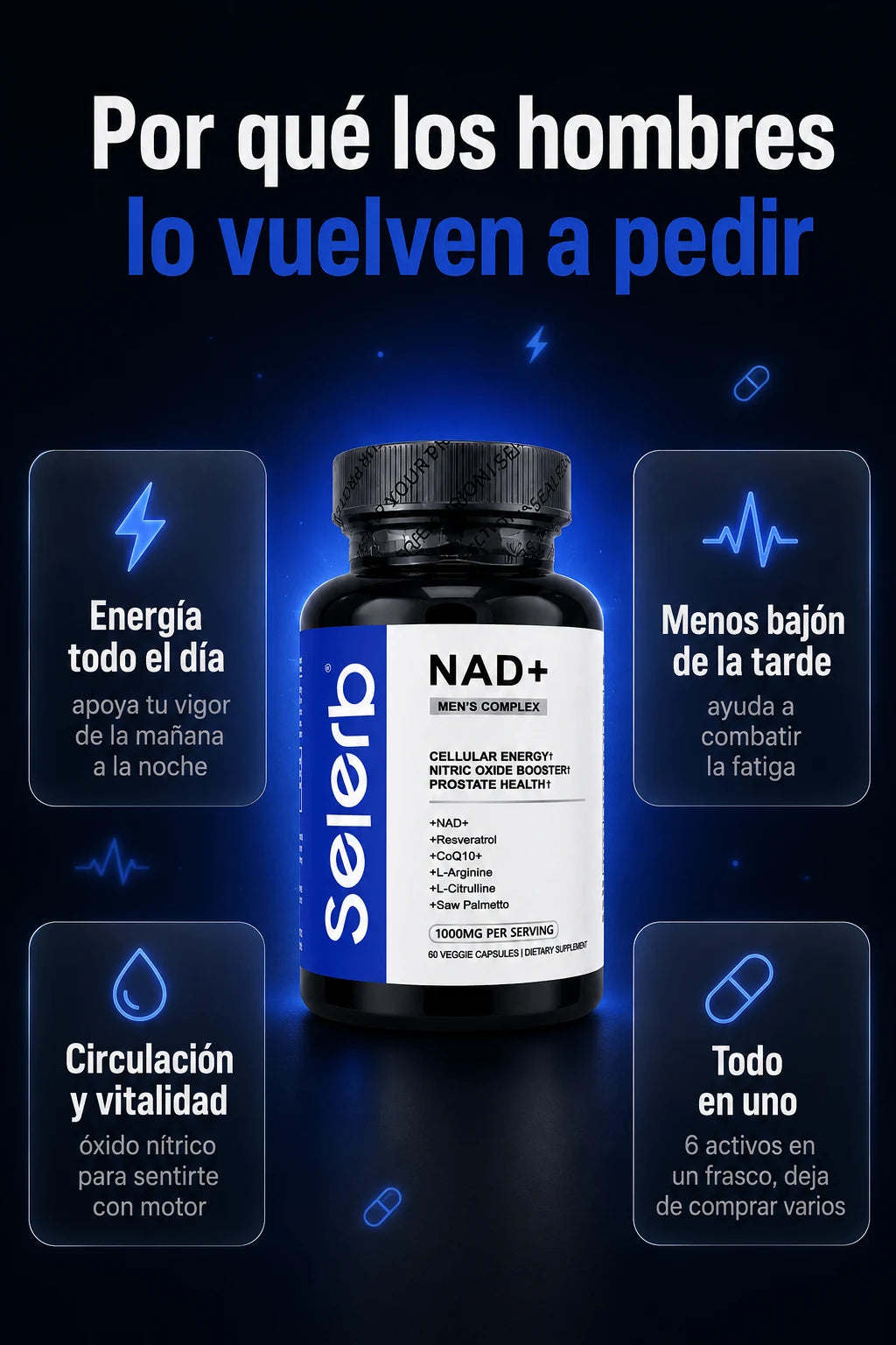 Beneficios: energia todo el dia, menos fatiga, circulacion, todo en uno