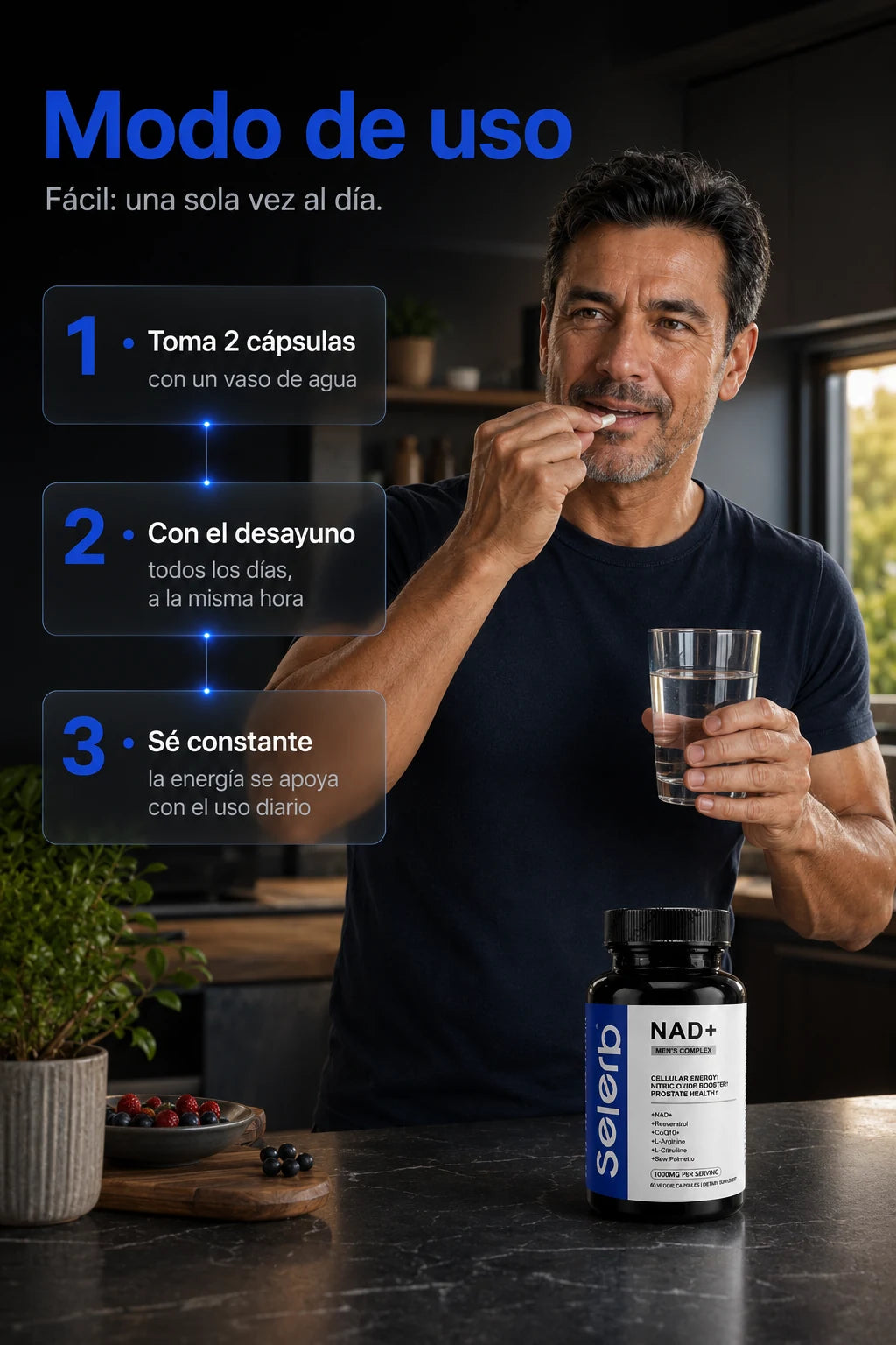 Modo de uso: 2 capsulas al dia con el desayuno