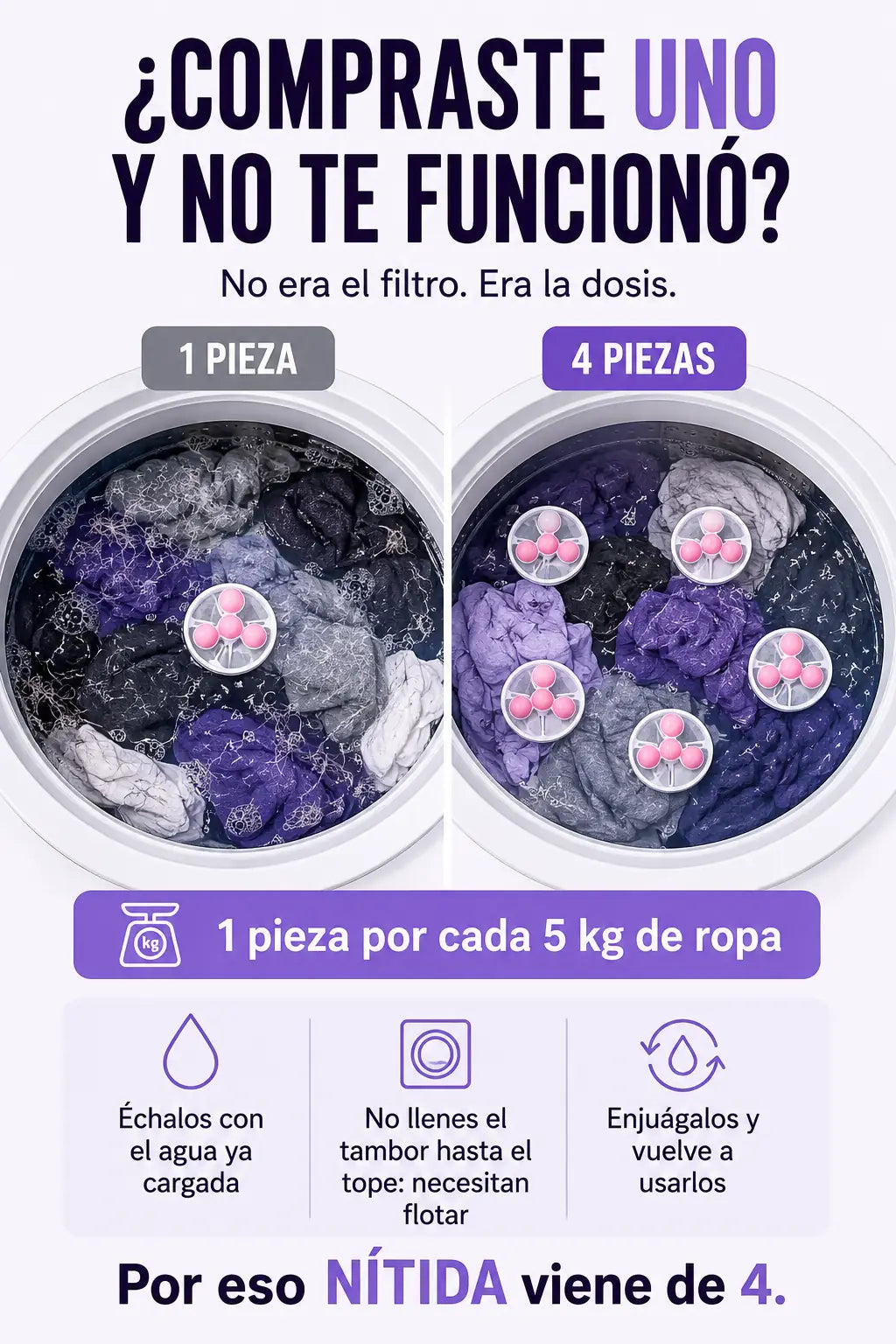 1 pieza por cada 5 kg de ropa: por eso NITIDA viene de 4