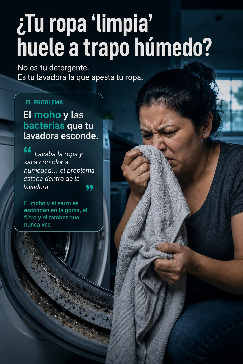 Ropa que huele a humedad por el moho de la lavadora